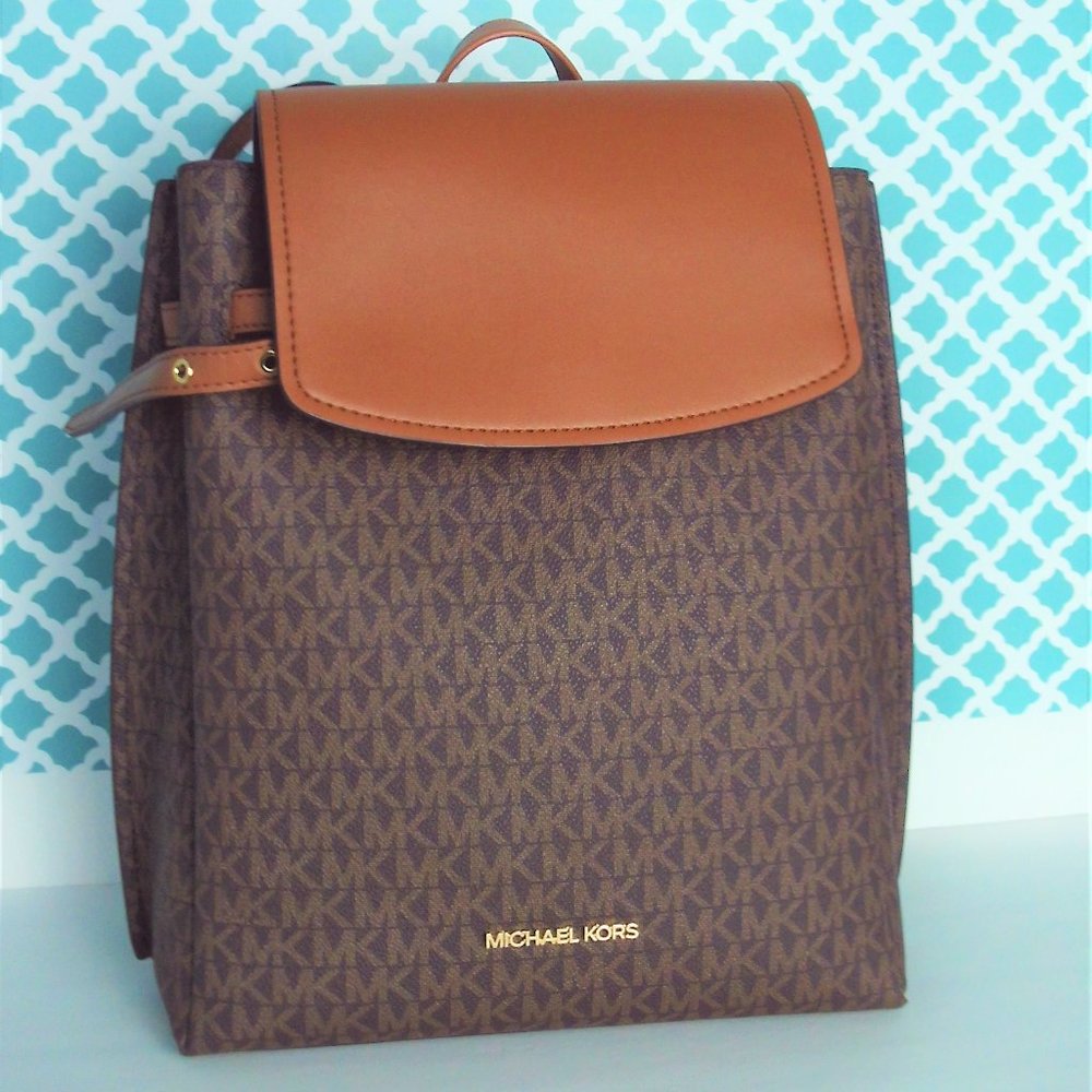 Michael Kors Emilia Brown Signature Medium Flap Backpack